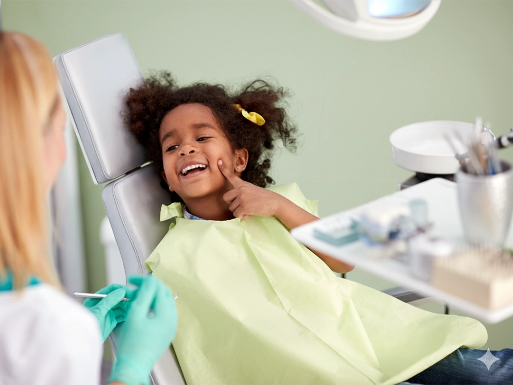 Young patient in dental clinic show with finger tooth for repairing